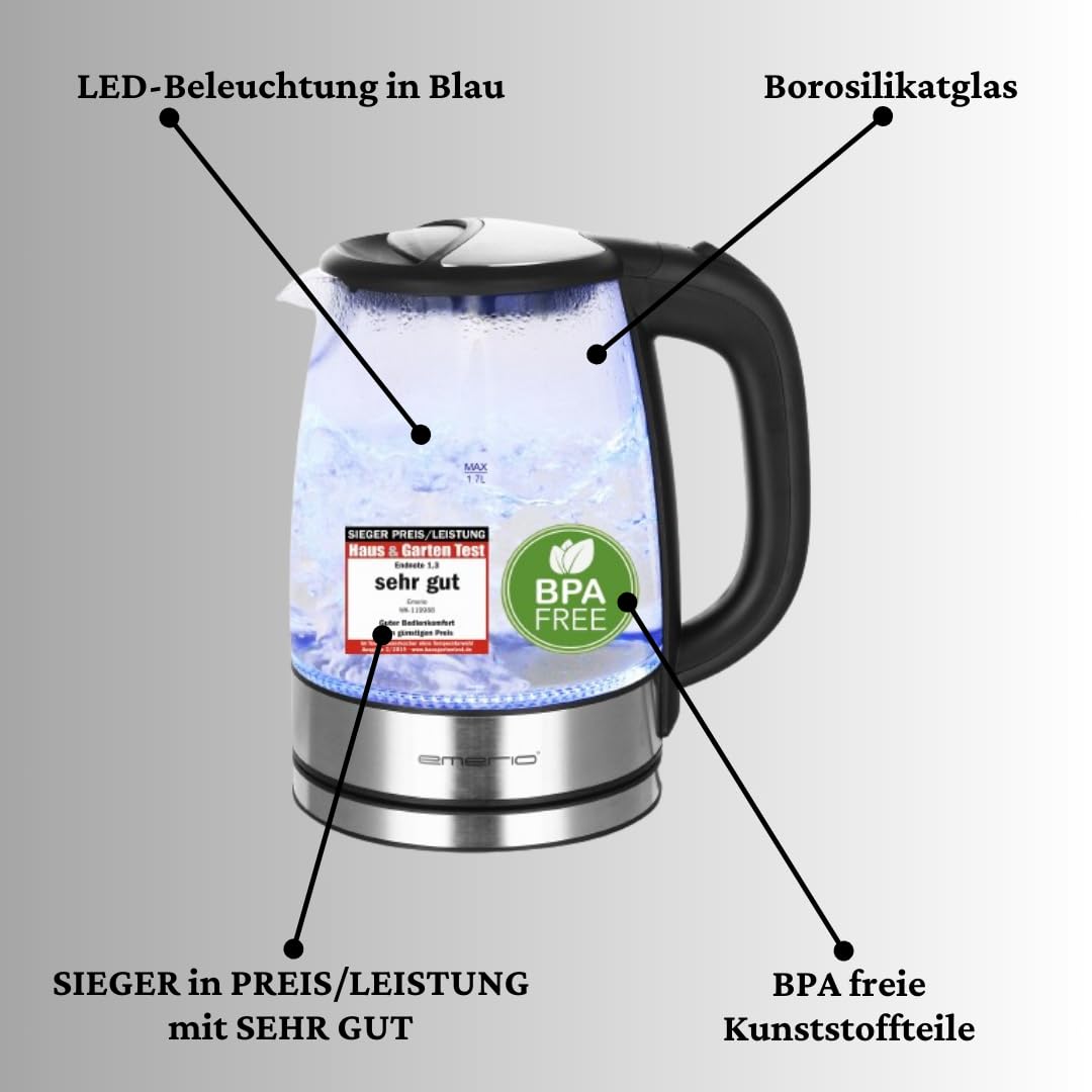 EMERIO Glass Kettle (1.7L): 2200 Watt, Blue LED Interior Lighting | BPA-Free