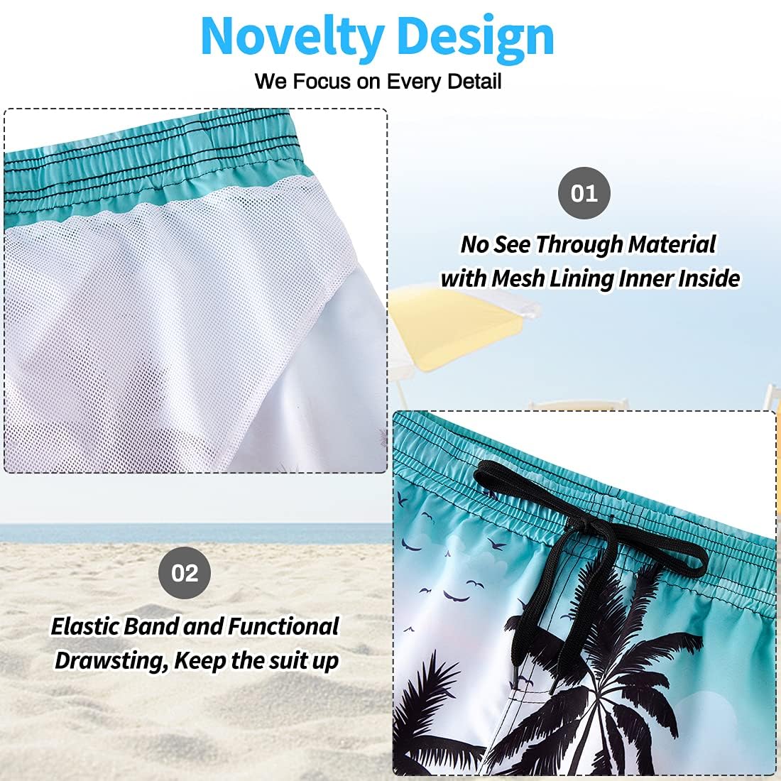 NEWISTAR Hawaii Badehose Herren für Strand mit 3D Palme Druck: Schnelltrocknend mit Kordelzug