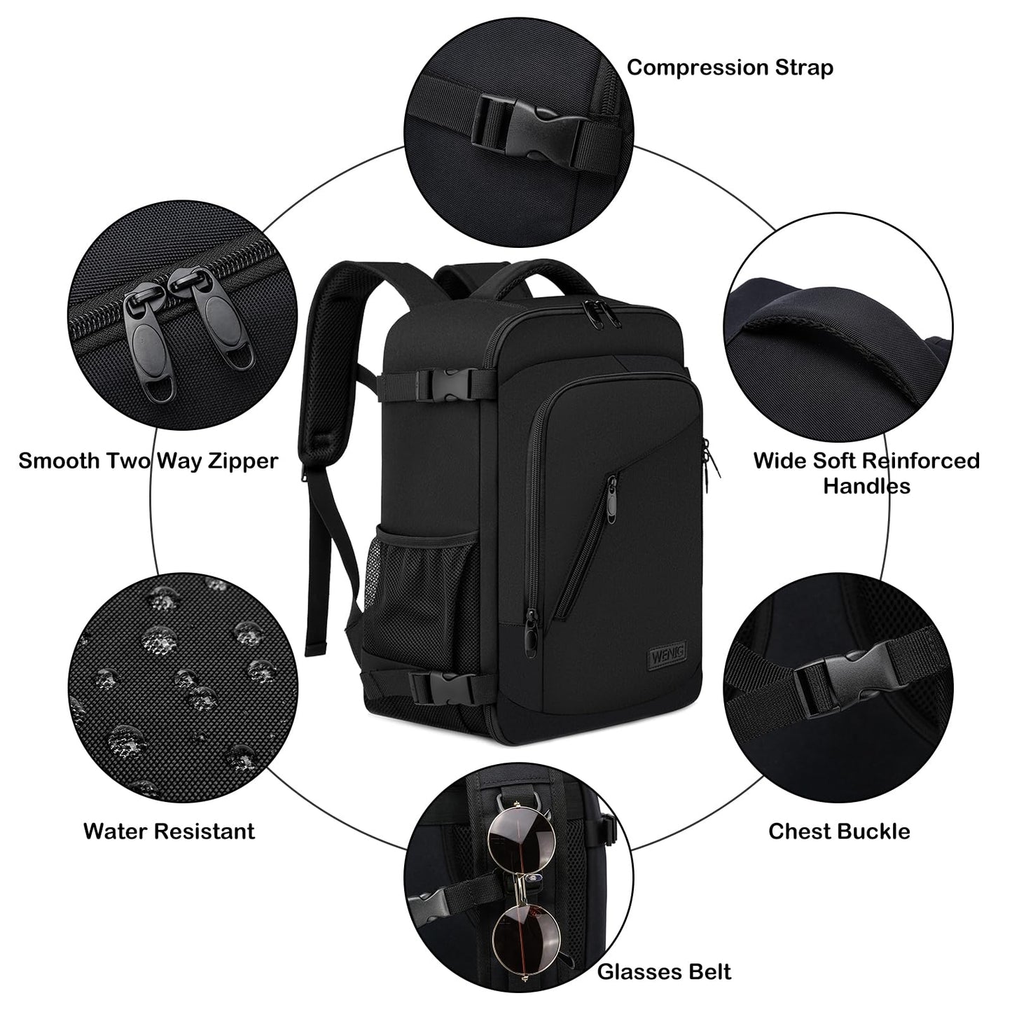Travel backpack hand luggage (40x20x25cm) with USB charging port for travel, camping