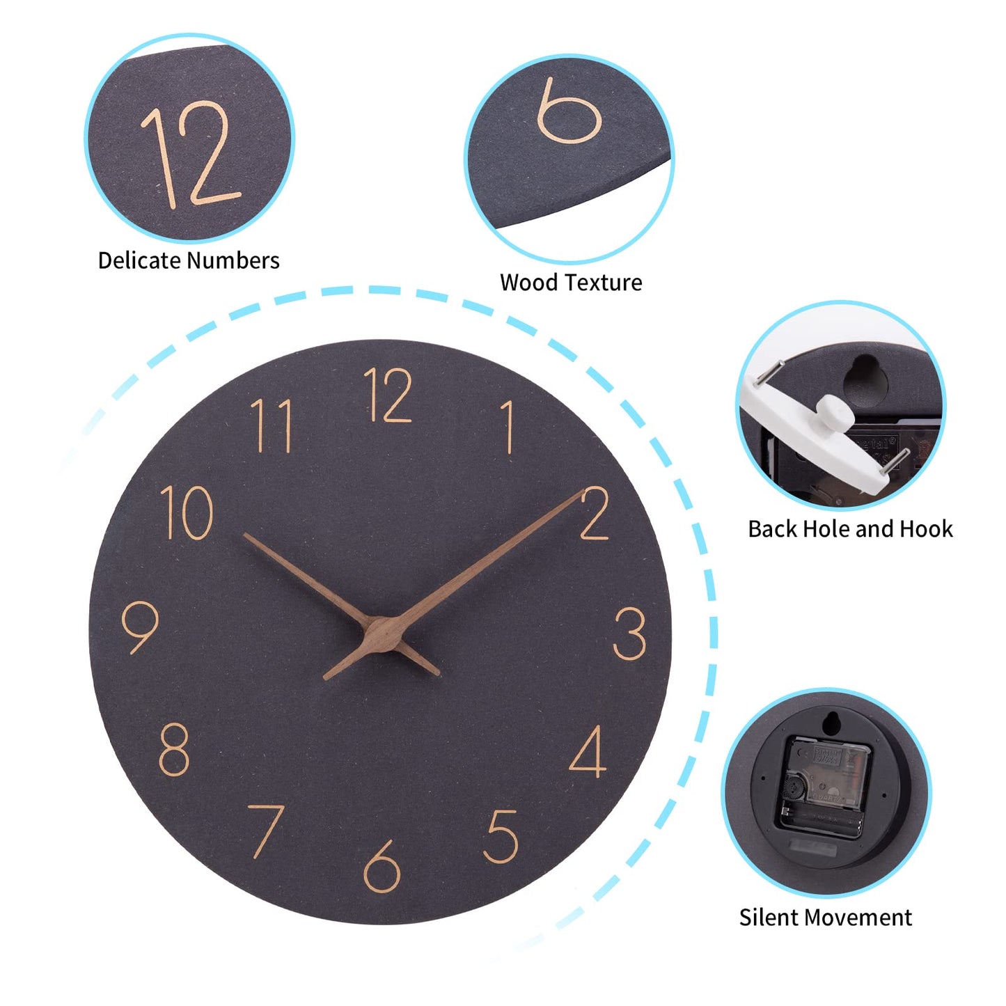 Wooden quartz wall clock (30cm) without ticking noise for living room, kitchen: battery operated