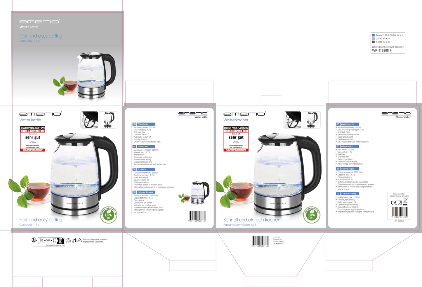 EMERIO Glass Kettle (1.7L): 2200 Watt, Blue LED Interior Lighting | BPA-Free