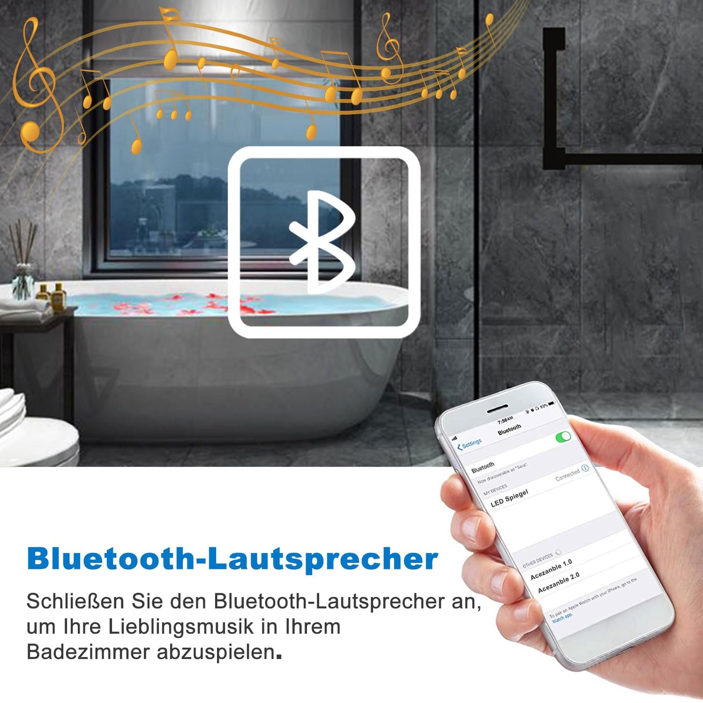LED bathroom mirror (160×80cm) with Bluetooth & memory touch switch: Dimmable, anti-fog