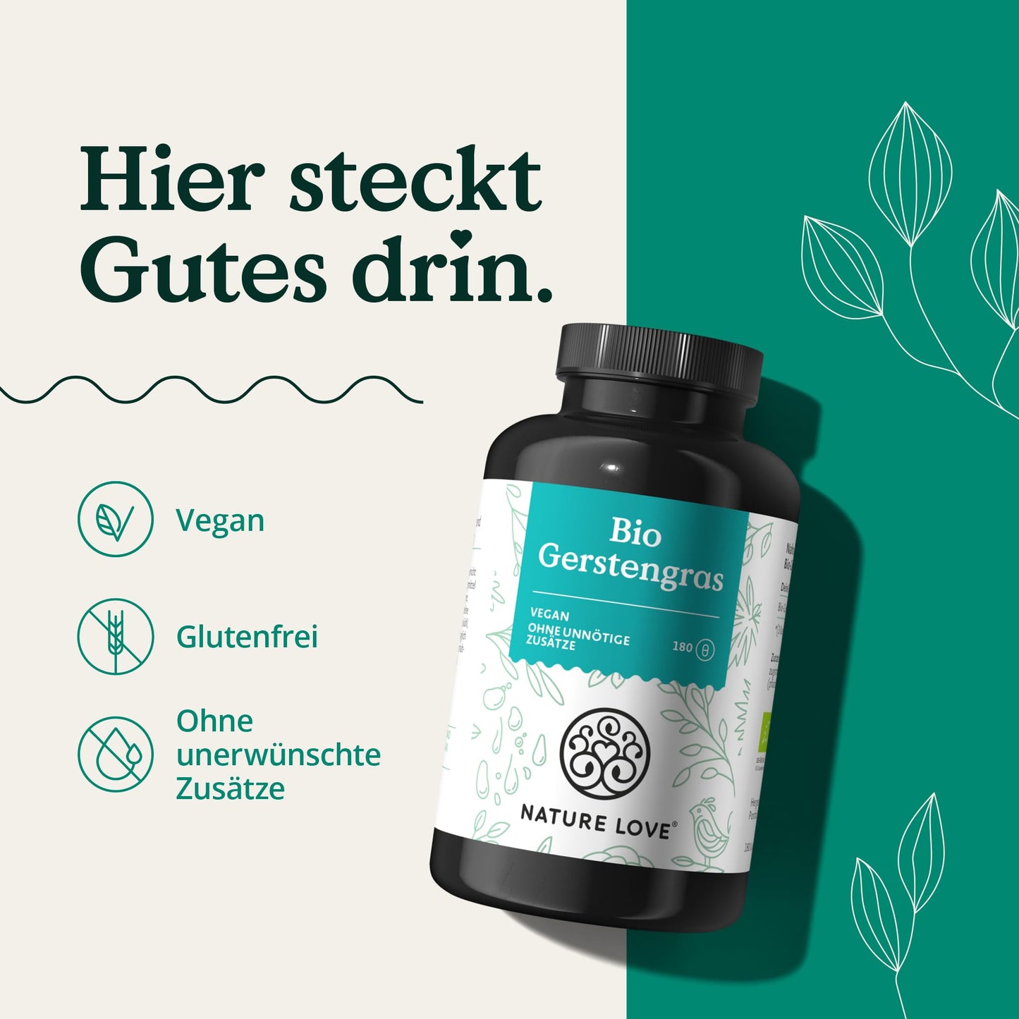 NATURE LOVE® Organic Barley Grass from German cultivation (1500mg per daily dose): 180 Capsules - High dosage