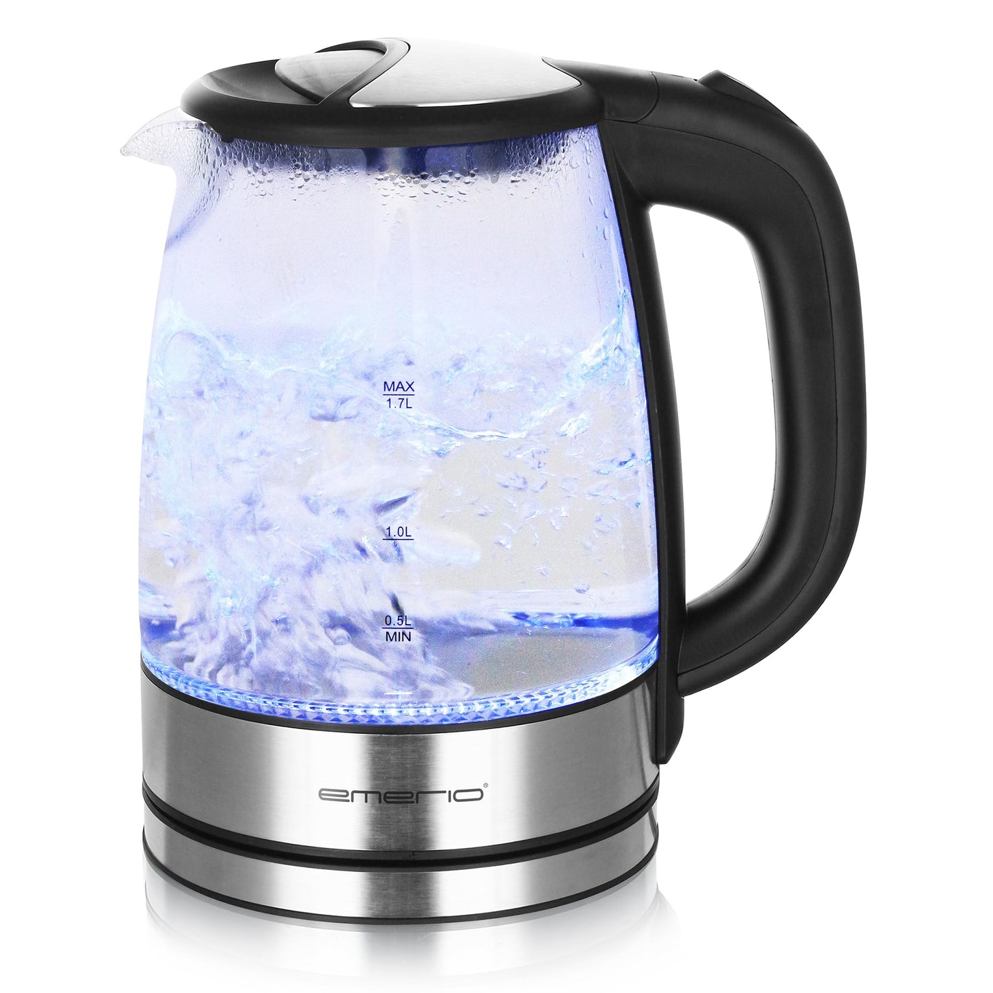 EMERIO Glass Kettle (1.7L): 2200 Watt, Blue LED Interior Lighting | BPA-Free