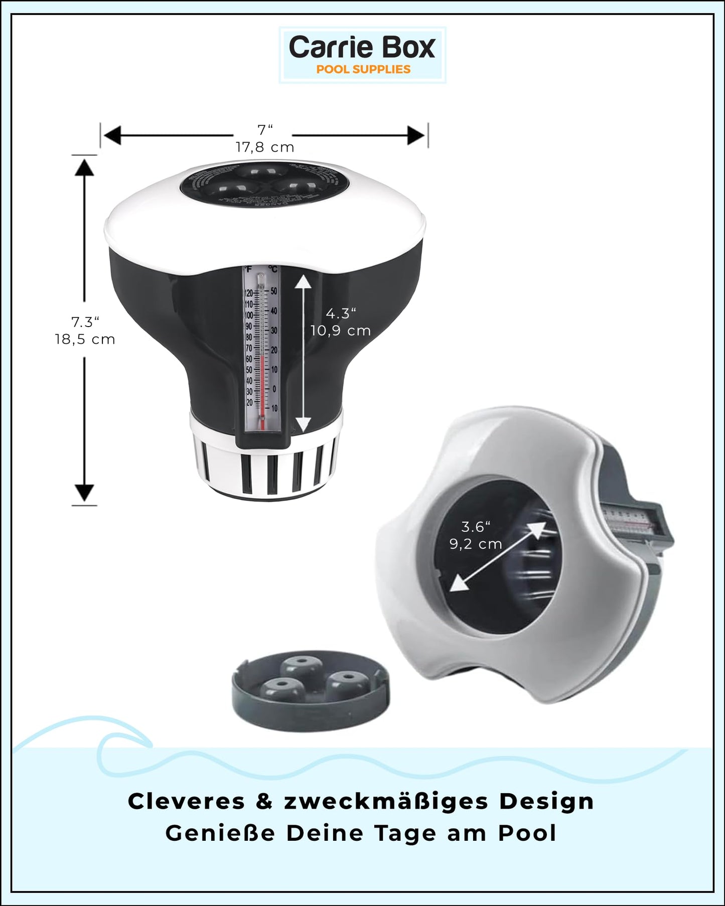 Carrie Box Dosierschwimmer inkl. Thermometer: Chlordosierer, Einstellbar, 20 bis 200g
