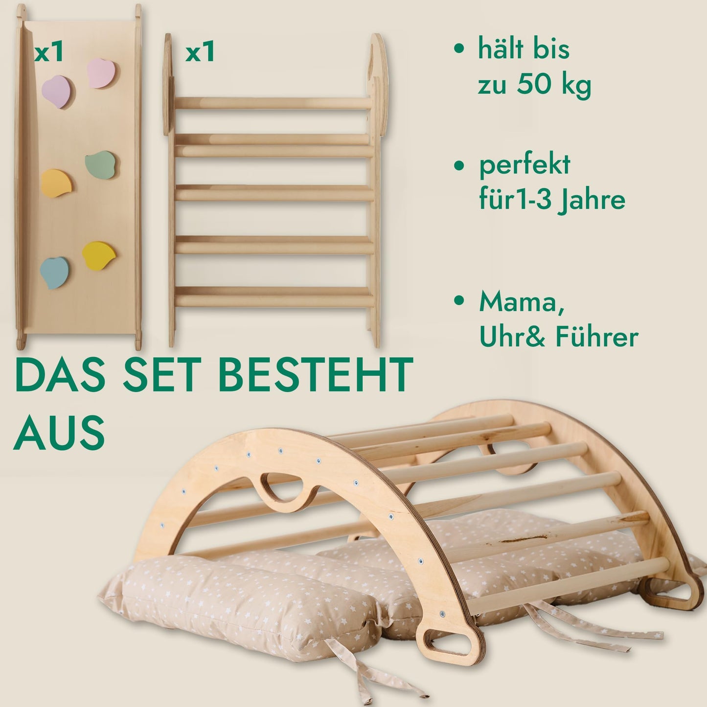 5-in-1 Montessori Klettergerüst-Set mit Kissen & Rutsche für Kinder, Indoor Spielplatz