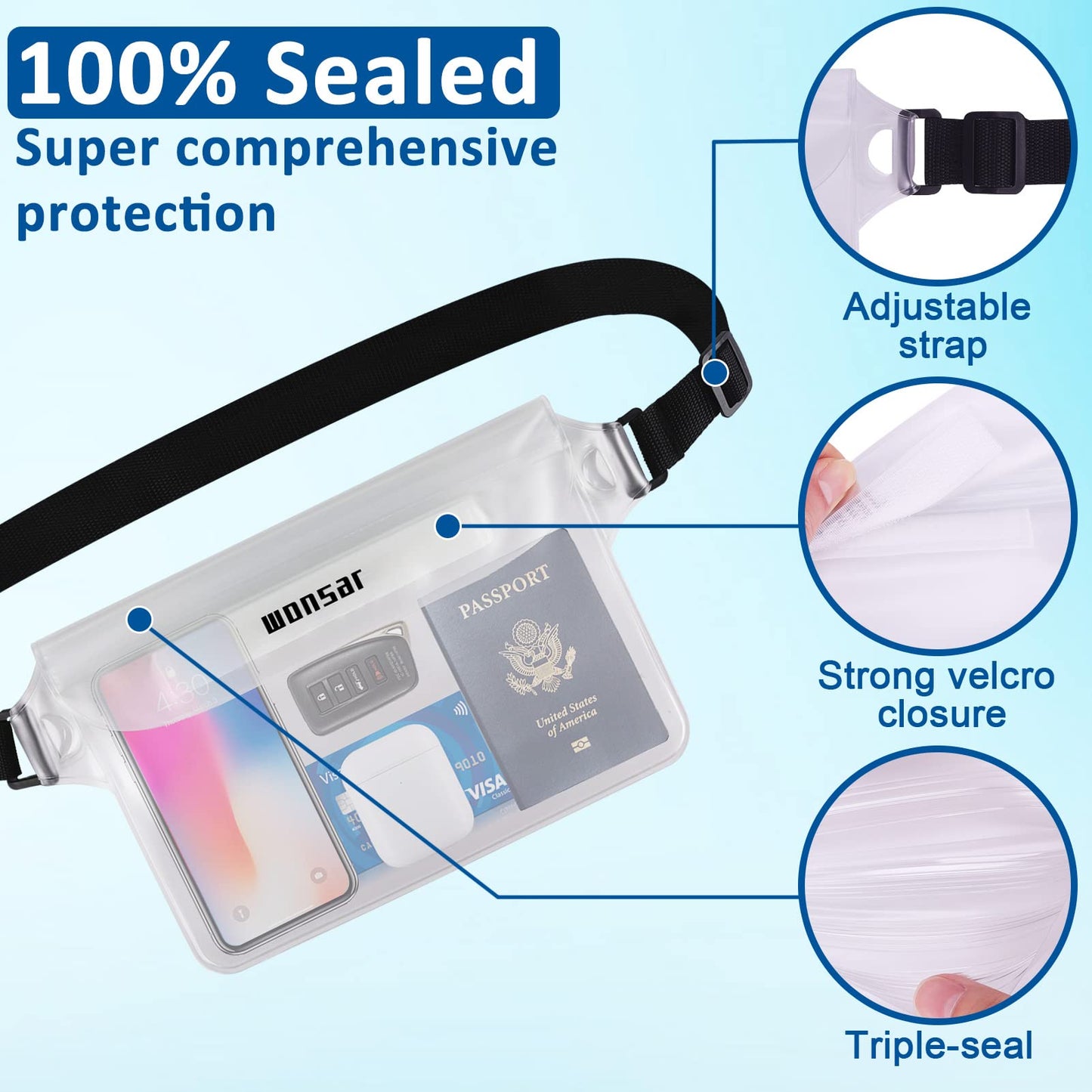 Waterproof bag with adjustable strap for water sports, beach, swimming
