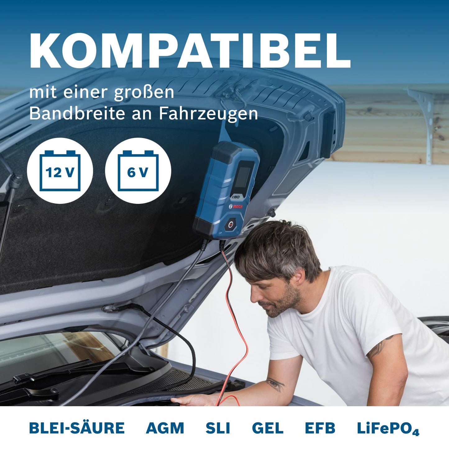 Bosch (C80-Li) car battery charger with trickle charge function for 6V-12V