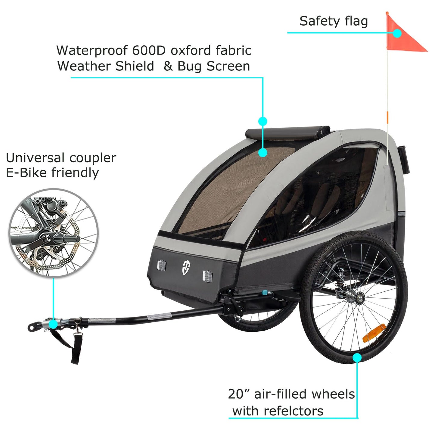 Tiggo 2-in-1 Fahrradanhänger mit Buggy-Set: 360° Drehbar mit Federung - max. 40kg (Grau)