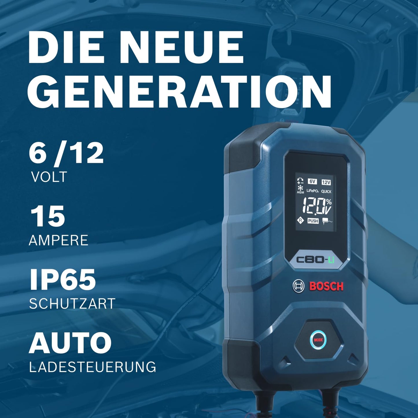 Bosch (C80-Li) car battery charger with trickle charge function for 6V-12V