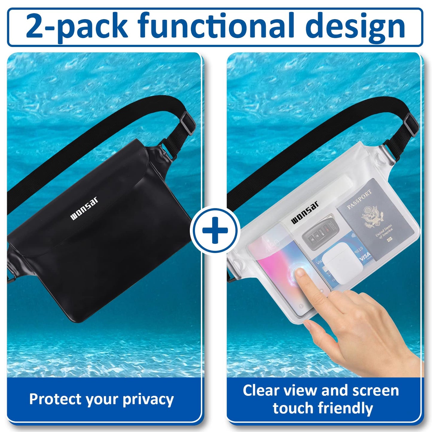 Waterproof bag with adjustable strap for water sports, beach, swimming
