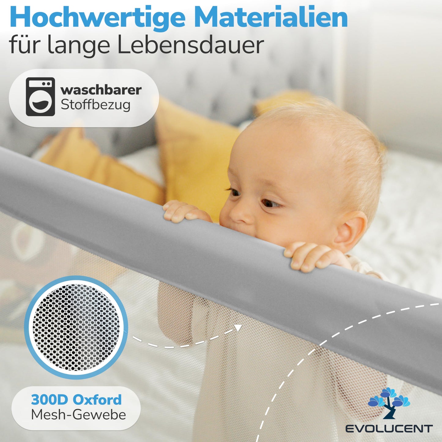 EVOLUCENT Bettgitter (200cm) ohne Verschrauben mit Rausfallschutz für Elternbett: Waschbar