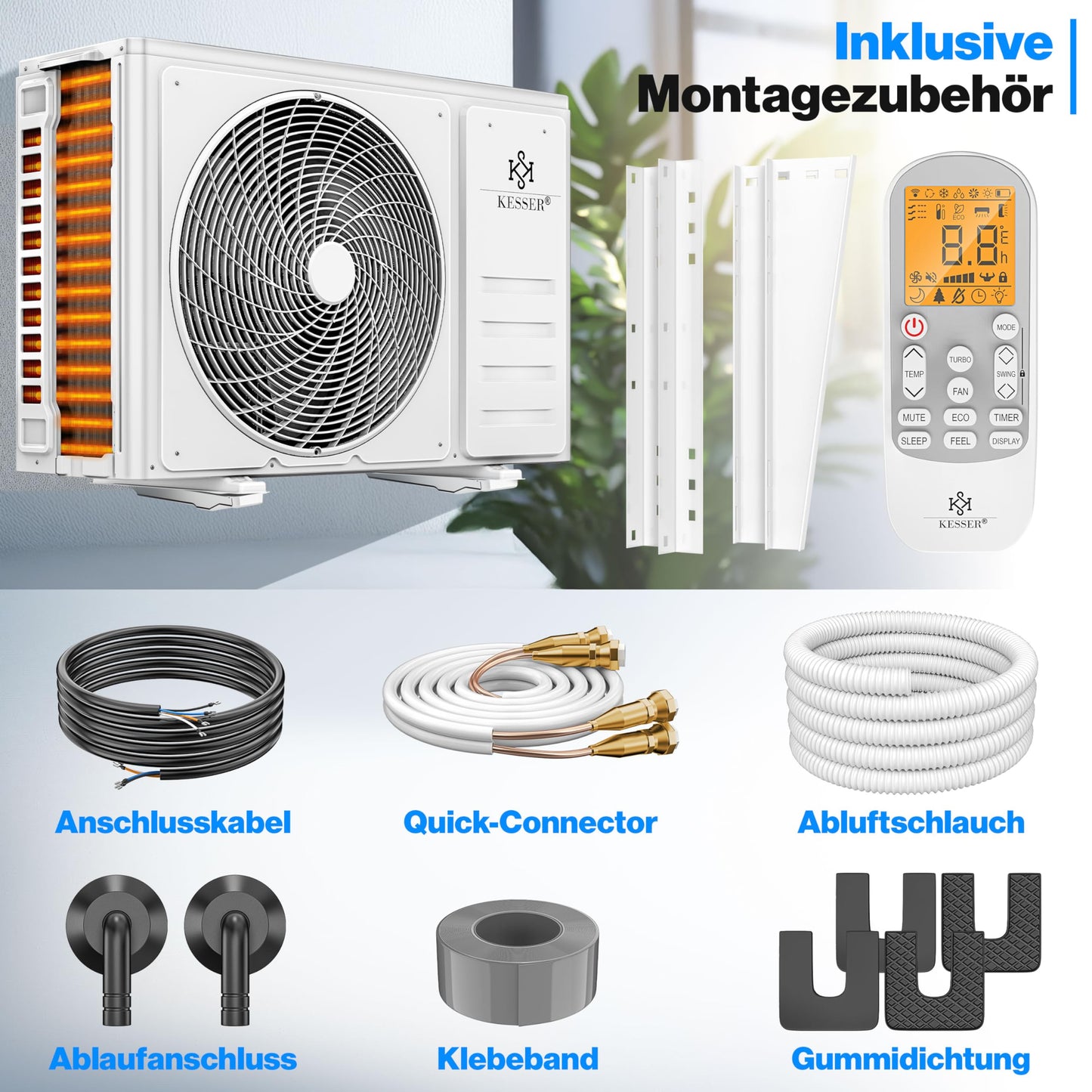 KESSER® 'Quick Connect' Split Klimaanlage-Set mit Heizfunktion: 12000BTU, 3,4kW, WiFi & App