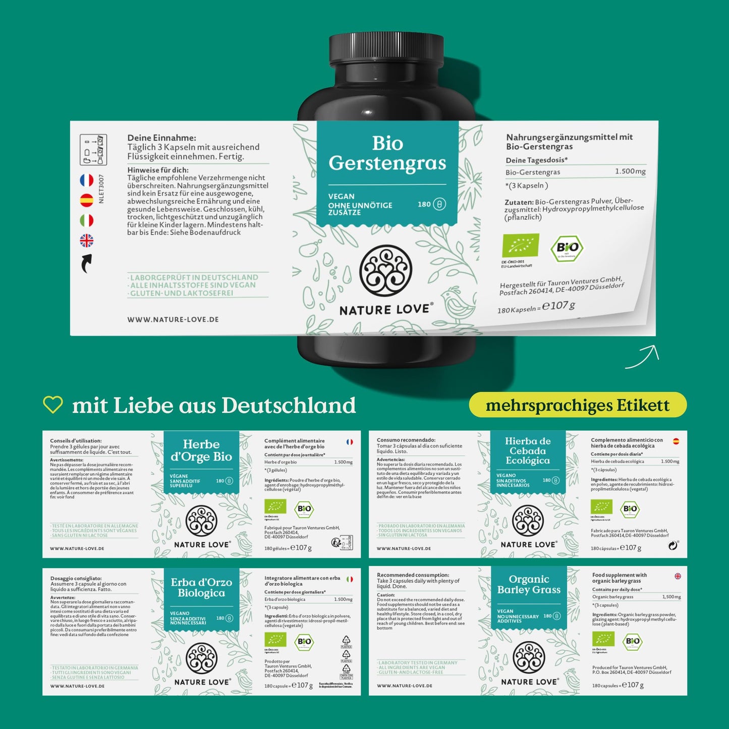 NATURE LOVE® Organic Barley Grass from German cultivation (1500mg per daily dose): 180 Capsules - High dosage