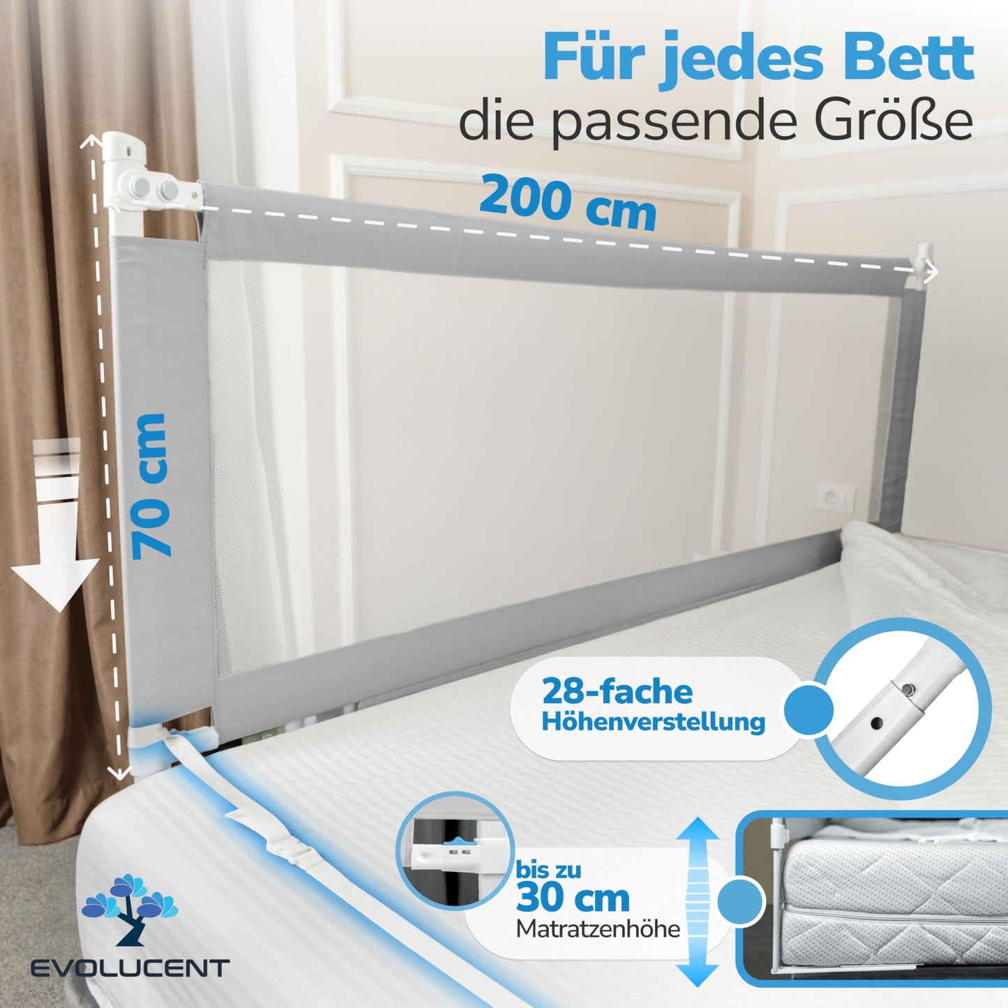EVOLUCENT Bettgitter (200cm) ohne Verschrauben mit Rausfallschutz für Elternbett: Waschbar