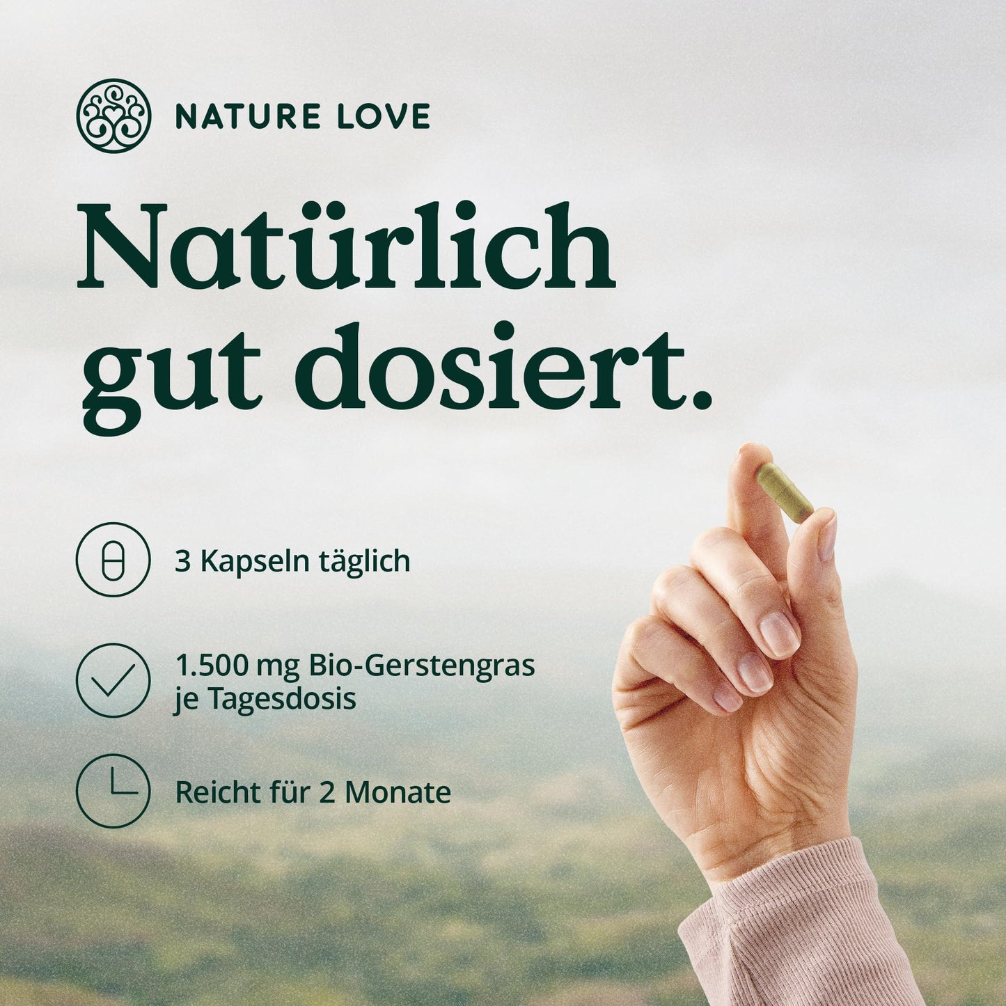 NATURE LOVE® Organic Barley Grass from German cultivation (1500mg per daily dose): 180 Capsules - High dosage