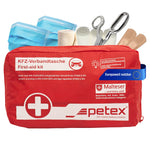 PETEX first aid kit made of nylon fabric: Contents according to DIN 13164 in red