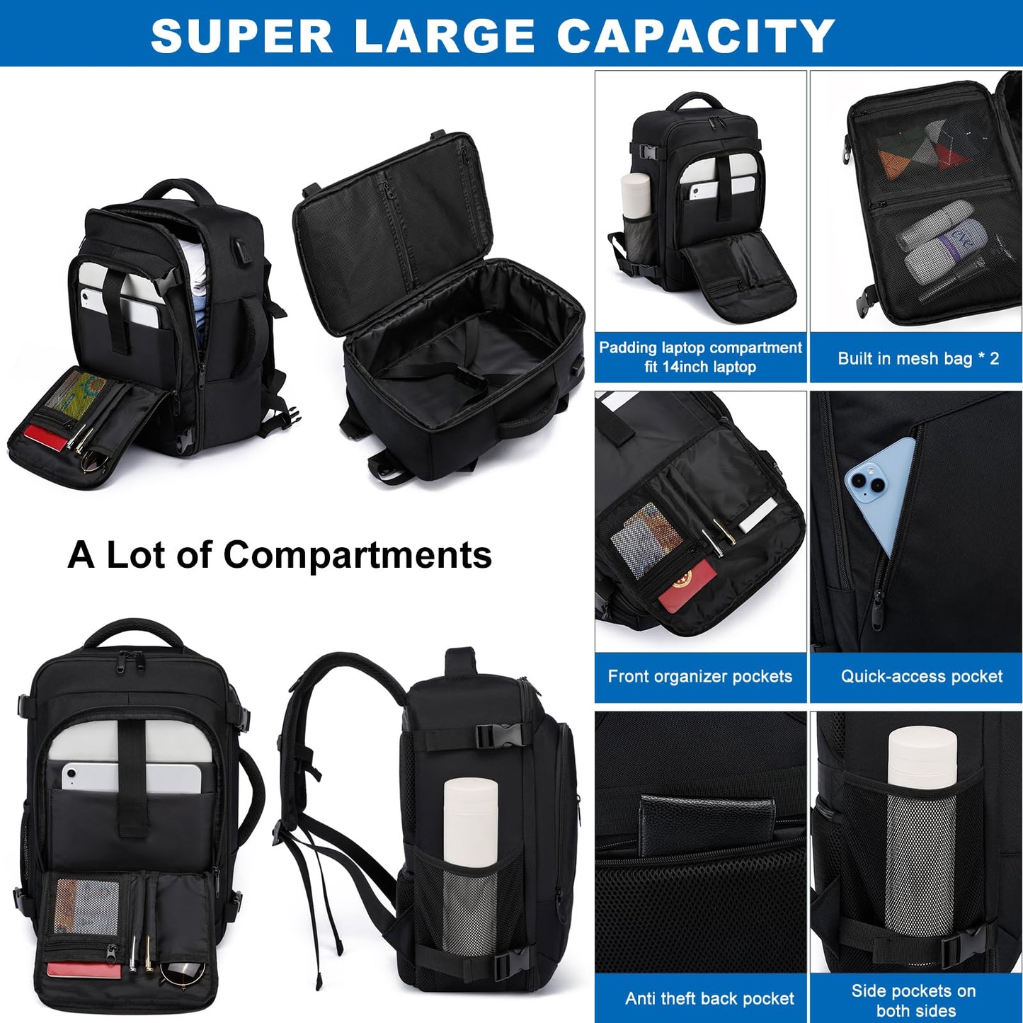 Travel backpack hand luggage (40x20x25cm) with USB charging port for travel, camping