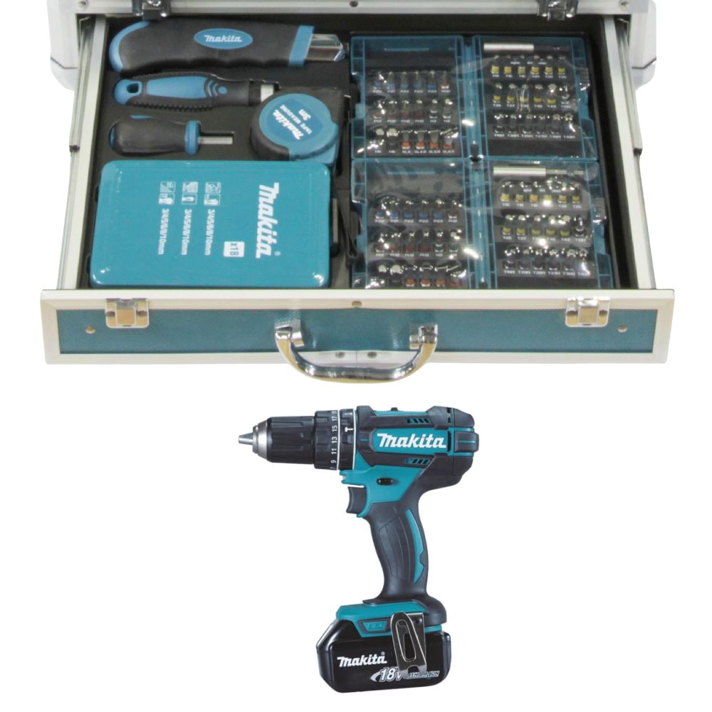 Makita impact drill (96-piece): 18V/3.0Ah, 2 batteries + charger in aluminum case