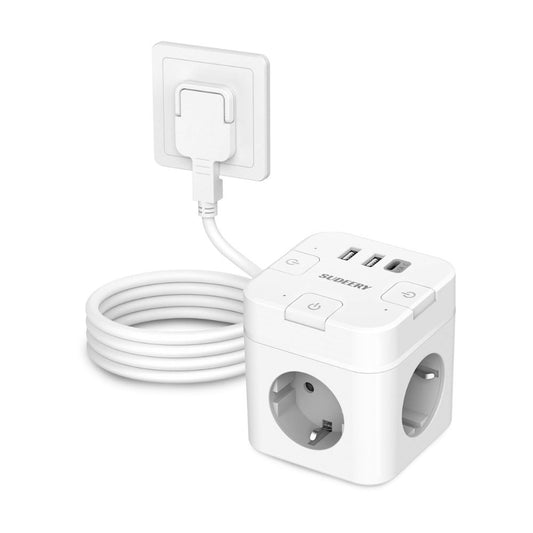 6-in-1 Steckdosenwürfel (2m Kabel) mit USB-C: Einzeln Schaltbar für Büro, Haus, Reisen