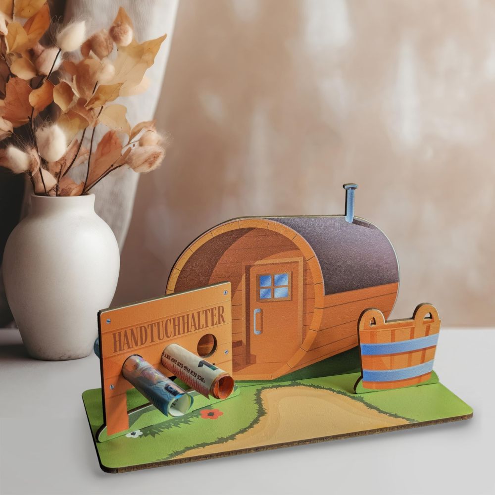 Sauna 3D-Holzkarte: Geschenkset-Gutscheinkarte für Wellnessurlaub