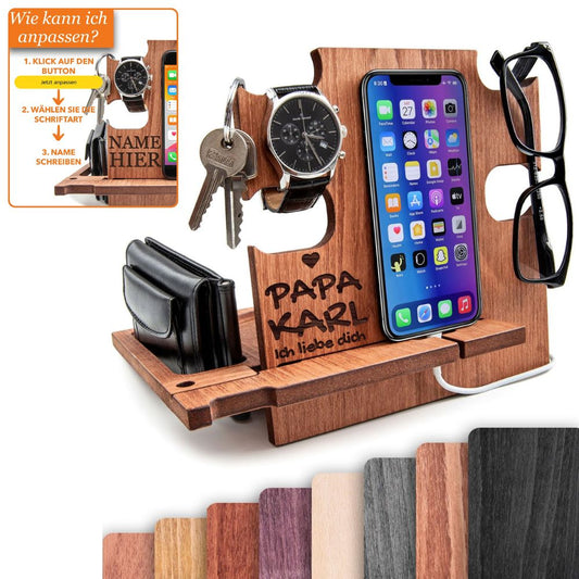 Dockingstation personalisiert: Vatertagsgeschenk, Organizer aus Holz mit Gravur für Papa