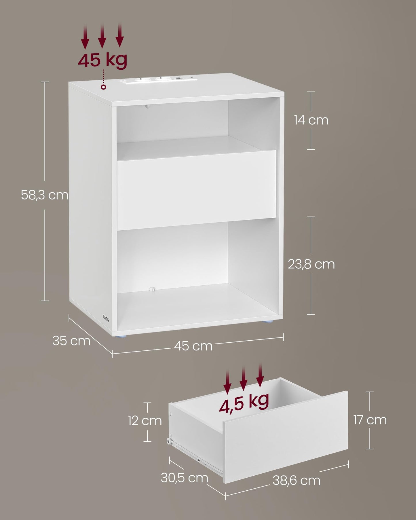 VASAGLE Side Table with Drawer &amp; Charging Function | Tool-Free Assembly (Matte White)