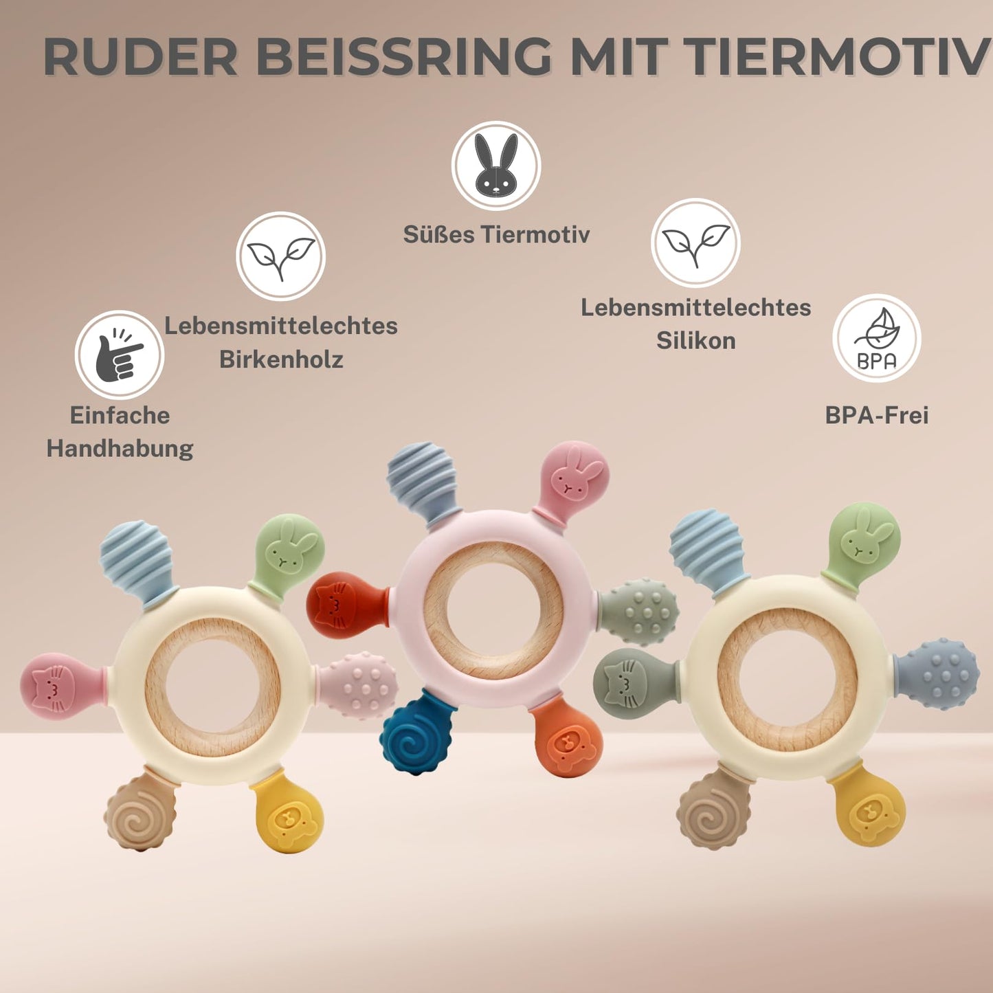 Baby teether for teething aid made of silicone &amp; wood: BPA-free, safe toy