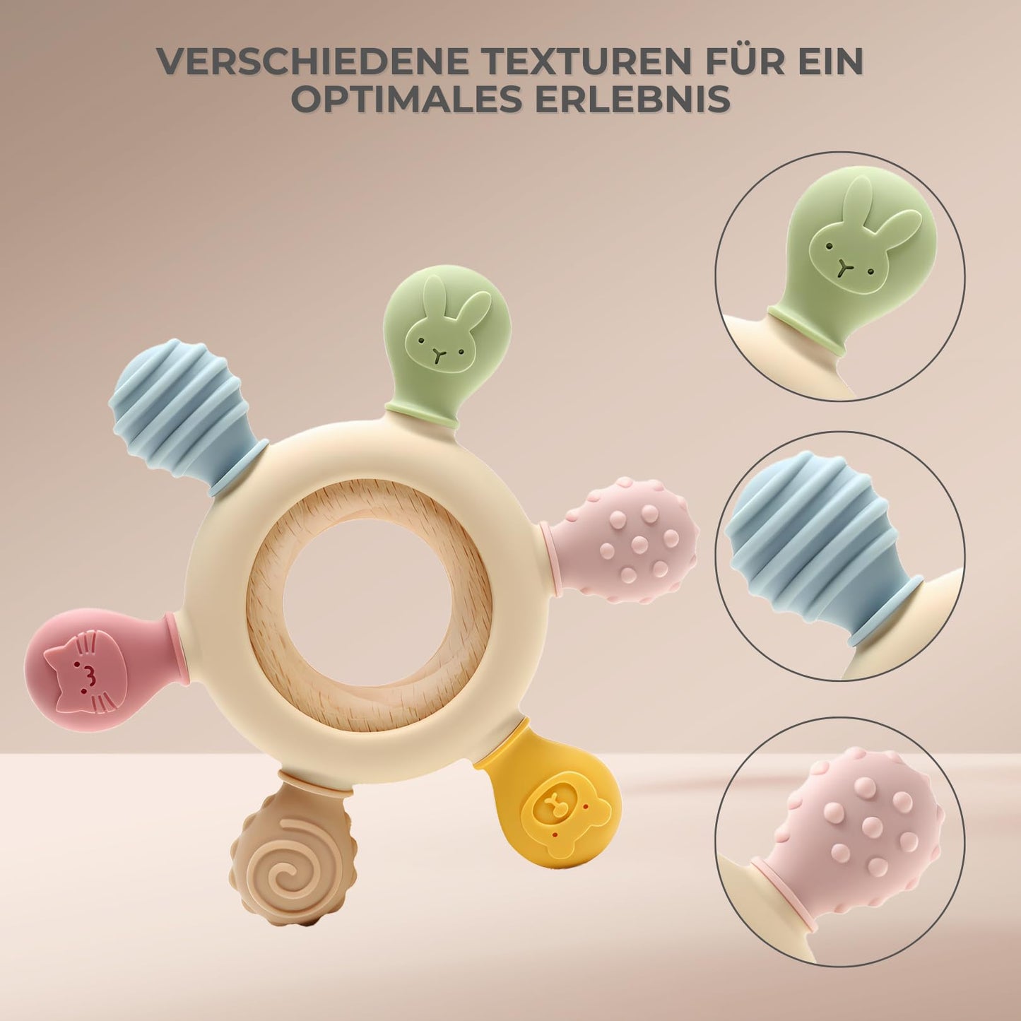 Baby teether for teething aid made of silicone &amp; wood: BPA-free, safe toy