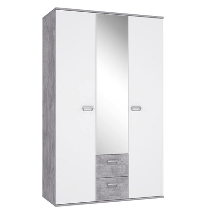Wardrobe 'EMILY' with concrete look and mirror: light grey with white (Model: EMLS95-C251)