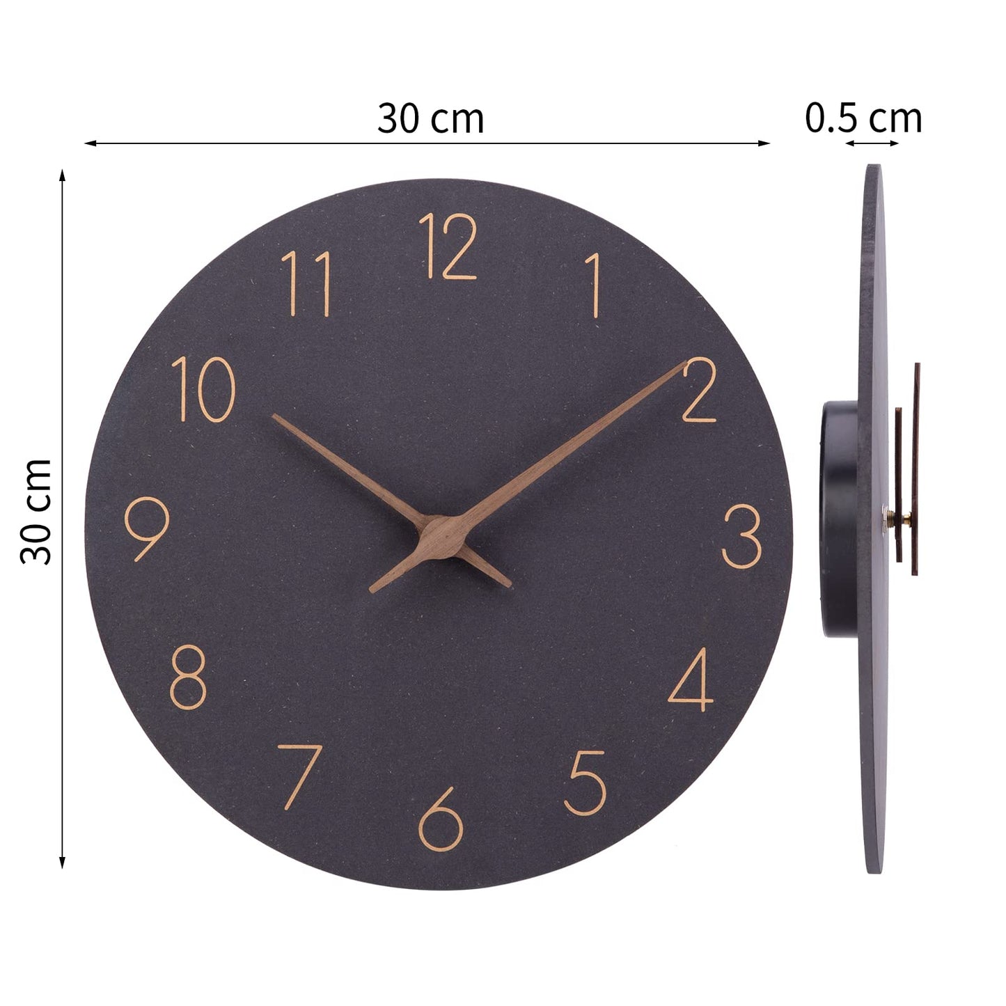 Wooden quartz wall clock (30cm) without ticking noise for living room, kitchen: battery operated