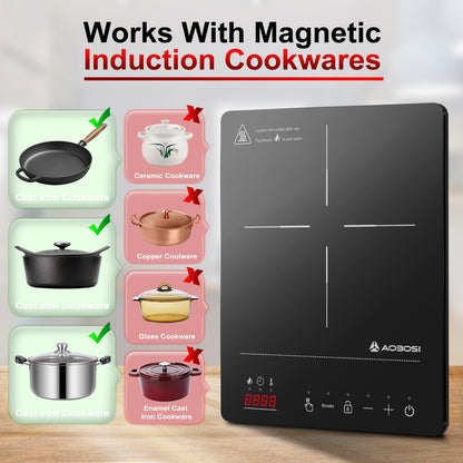 Aobosi Induction Hob 1 Plate, Induction Hob with Booster Function, 20 Power Levels and Temperature Levels, Compact Size, 2000W Portable Induction Hob, 10H Timer, Black