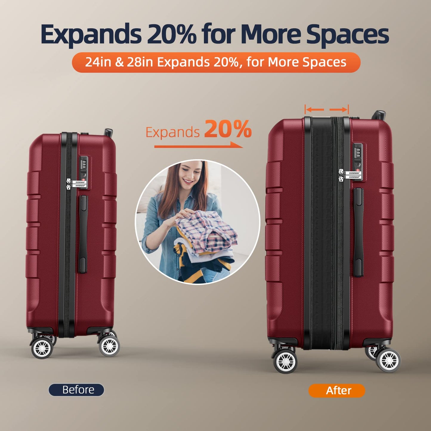 SHOWKOO Hard-Shell Travel Suitcase Set (5-Piece): Expandable with TSA Lock | Red