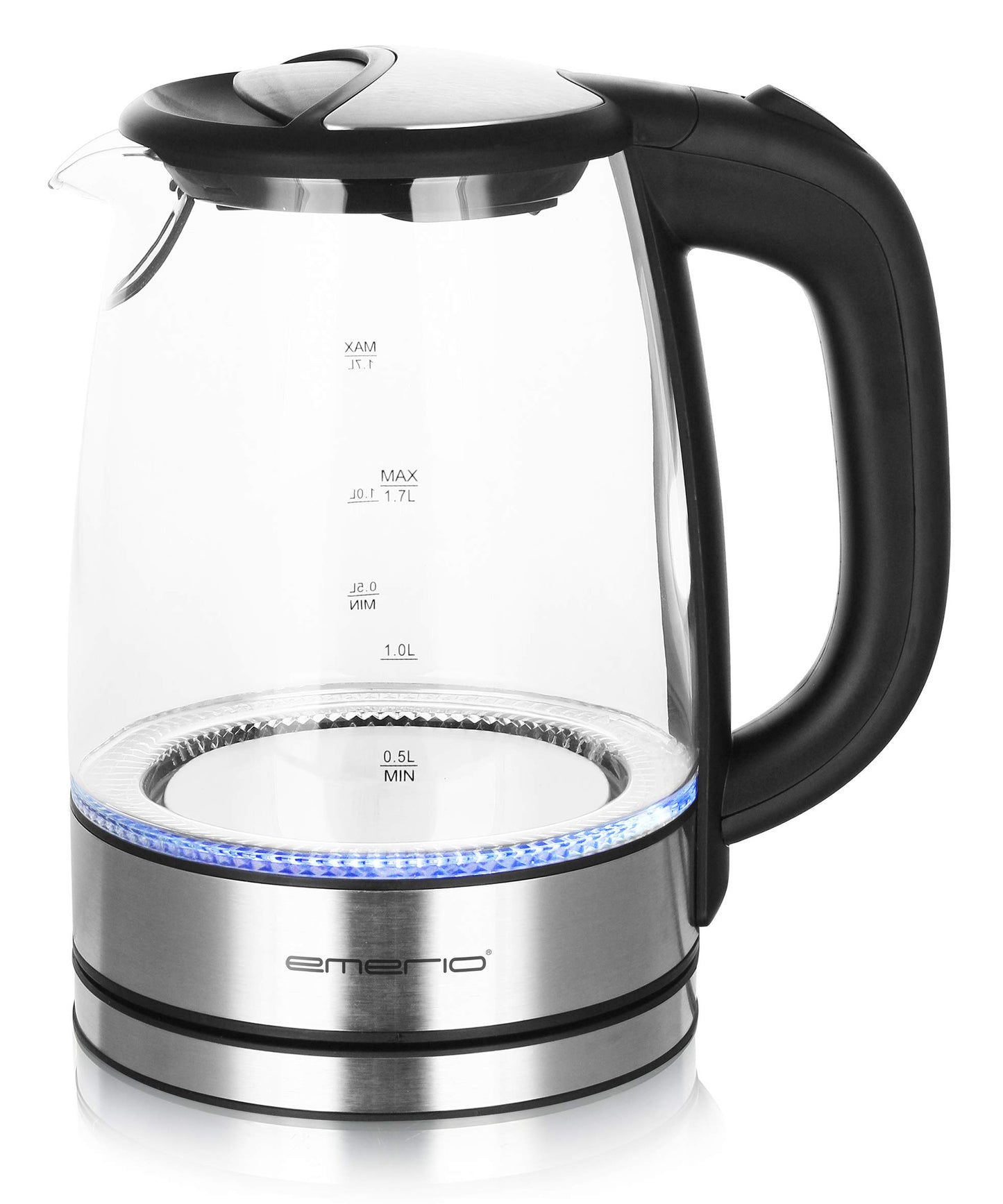 EMERIO Glass Kettle (1.7L): 2200 Watt, Blue LED Interior Lighting | BPA-Free