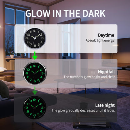 VINILITE Luminous Night Light Wall Clock (30cm) without ticking noise: Battery-operated for living room, bedroom, office