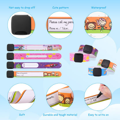 SOS Emergency ID Bracelet for Children (6 pieces) with 1 Marker Pen: Reusable