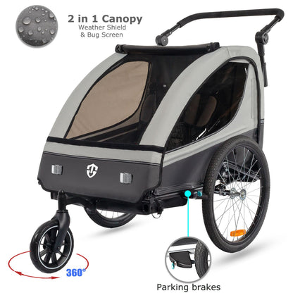 Tiggo 2-in-1 Fahrradanhänger mit Buggy-Set: 360° Drehbar mit Federung - max. 40kg (Grau)