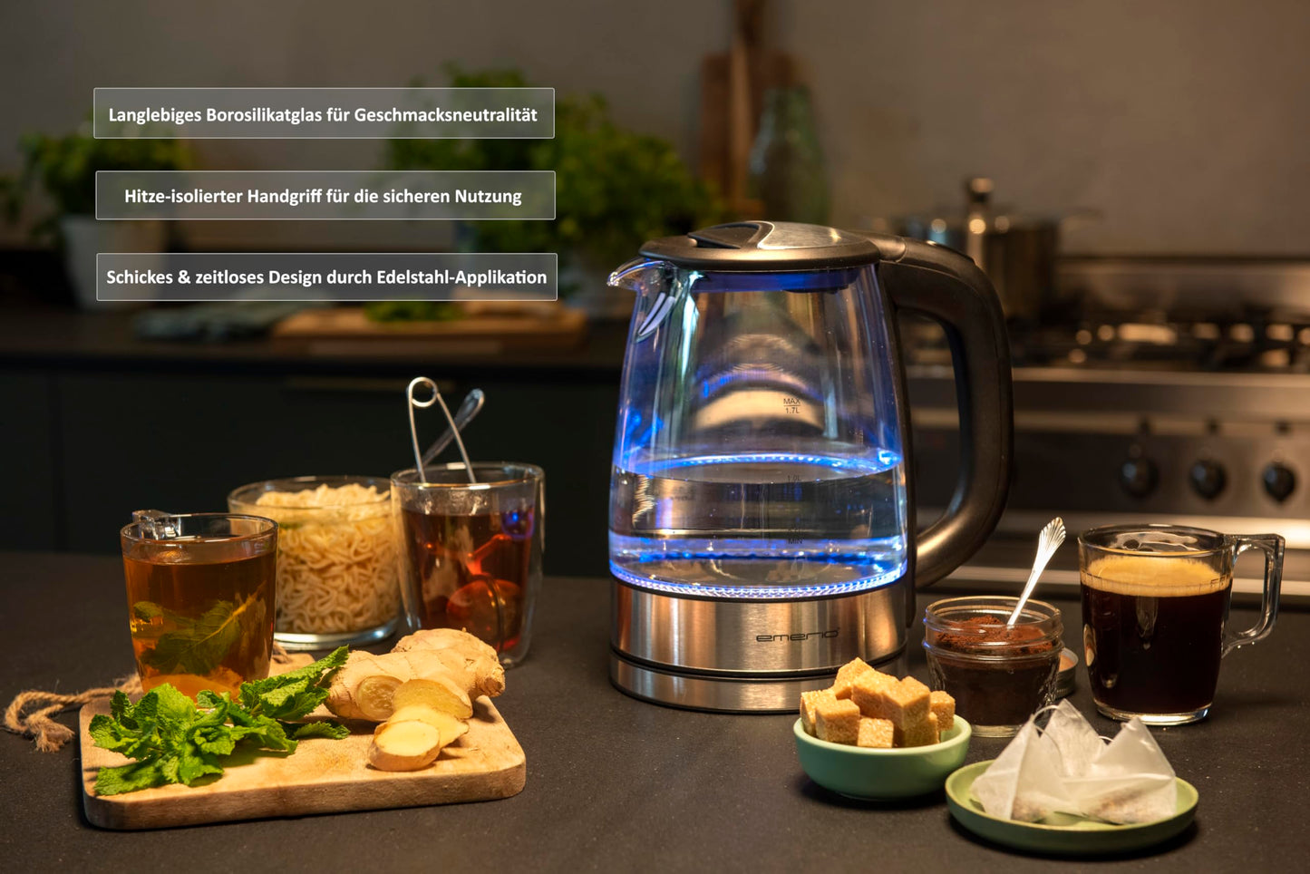 EMERIO Glass Kettle (1.7L): 2200 Watt, Blue LED Interior Lighting | BPA-Free