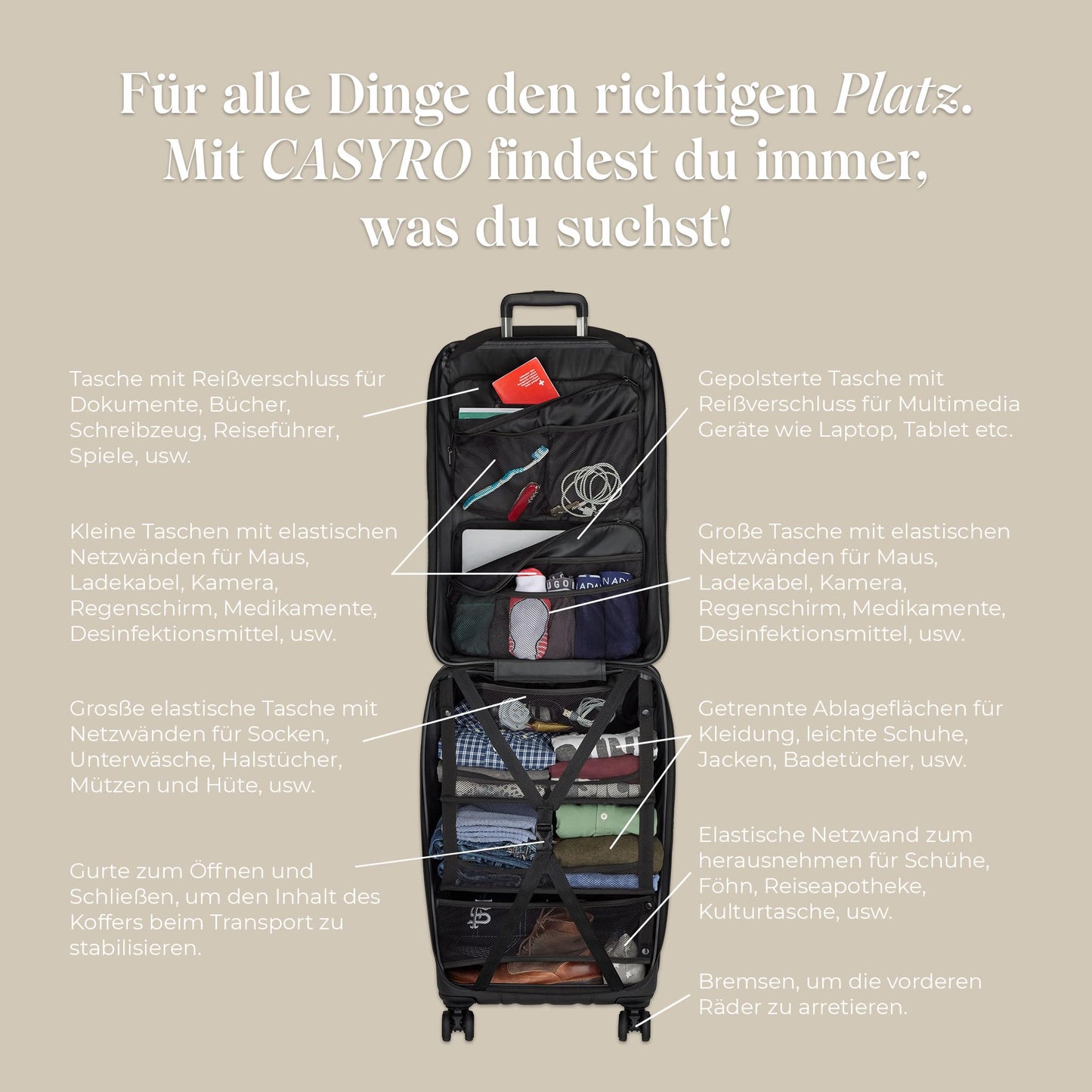 CASYRO hard-shell travel suitcase 'M' with folding lid: Can be used as a wardrobe | Black