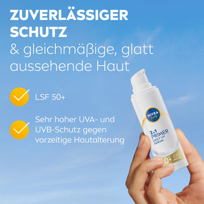 NIVEA SUN 2-in-1 Primer Daily UV-Serum LSF 50+ | Parfümfrei mit Hyaluron und Antioxidans (30ml)