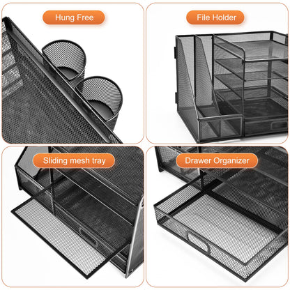 Desk organizer with file holder: 5 storage compartments with drawer, 2 pen holders (black)